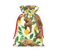 Cute Sloths On Yellow Lemons Printed Christmas Drawstring Gift Bags-Xmas Wrapping Bags,Candy Bag,For Holiday Party Decorations,Wedding Party Supplies M Red Ribbon