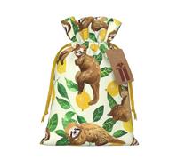 Cute Sloths On Yellow Lemons Printed Christmas Drawstring Gift Bags-Xmas Wrapping Bags,Candy Bag,For Holiday Party Decorations,Wedding Party Supplies S Yellow Christmas Ribbon