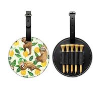 Cute Sloths on Yellow Lemons Printed Golf Tees Organizer Bag, PU Leather Golf Tee Pouch, Portable Tee Holder with Belt Clip, 5 Tee Slots, Golf Bag Accessory and Golf Gift Black