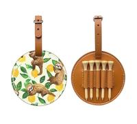 Cute Sloths on Yellow Lemons Printed Golf Tees Organizer Bag, PU Leather Golf Tee Pouch, Portable Tee Holder with Belt Clip, 5 Tee Slots, Golf Bag Accessory and Golf Gift Brown