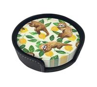 Cute Sloths On Yellow Lemons Printed Leather Coasters Set Of 6 With Holder - Heat Resistant Drink Coasters For Tea Coffee Cup Mug Wine Glasses