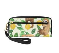 Cute Sloths on Yellow Lemons Printed Leather Makeup Bags with Wrist Strap Portable Travel Toiletry Bag Cosmetic Organizer Bag for Women