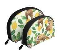 Cute Sloths on Yellow Lemons Printed Makeup Bags 2-Piece Portable Shell Travel Toiletry Bag Cosmetic Organizer Bag for Women
