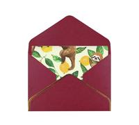 Cute sloths on yellow lemons Printed Pearl Paper Greeting Card, Dark Red - Folded Blank Cards with Gold Trim for Weddings, Birthdays, Christmas