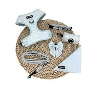 Cute Small Dog Harness Set - No Pull, All Weather, Breathable Harness and Leash Set with Collar, Bandana, Sailor Bow & Poop Bag Holder - Adjustable, Soft & Stylish - Divine Petals on Jacquard Fabric