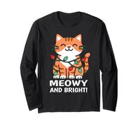 Cute Smiling Cat in Christmas Tree Lights | Meowy and Bright Long Sleeve T-Shirt