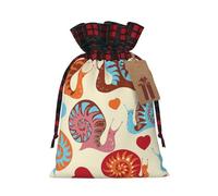 Cute Snail Christmas Drawstring Linen Gift Bag Paired With Scottish Plaid Fabric, With A Delicate And Simple Texture