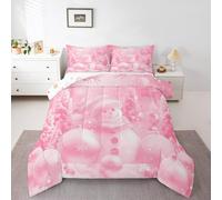 Cute Snowman Bedding Set Double Size Kids Pink Christmas Comforter Set for Boys Girls Teens Merry Christmas Duvet Quilt Breathable Soft Microfiber Snowflake Room Decor