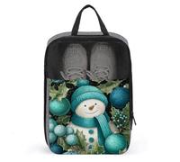 Cute Snowman Holly Leaves Turquoise Shoe Bag for Travel Daily Use Anti-dust Storage Carrier Golf Shoe Pouch