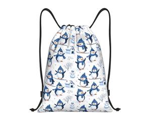 Cute Snowman Penguin Sports String Backpack Waterproof Drawstring Bag Unisex Sport Bag String For Swim Hunting Holidays 39X46Cm