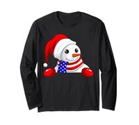 Cute Snowman Wearing Santa Hat American Flag Scarf Christmas Long Sleeve T-Shirt