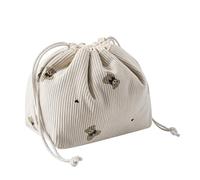 Cute Soft Corduroy Drawstring Makeup Bag with Canvas Lining, Coquette Aesthetic Drawstring Cosmetic with Bear Pattern for Women Girls, Kawaii Travel Makeup Organizer Case, 04 Light Taupe