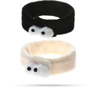 Cute Soft Microfiber Headband for Women - Plush Fluffy Big-Eyed Design Headband Adjustable Velcro Hair Wrap for Spa Makeup Skincare Face Wash Relaxation (White+Black,1 Count (Pack of 2))