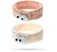 Cute Soft Microfiber Headband for Women - Plush Fluffy Big-Eyed Design Headband Adjustable Velcro Hair Wrap for Spa Makeup Skincare Face Wash Relaxation (White+Pink,1 Count (Pack of 2))