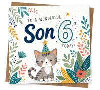 Cute Son 6th Birthday Card - Wonderful Son 6 Today with Cat Party Hat Design