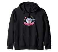 Cute Space Cats in Pink UFO Flying Through Galaxy Zip Hoodie