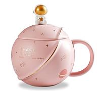 Cute Space Ceramic Mug, Kawaii Astronaut Coffee Cup, Funny Mugs with Lid and Spoon, Personalised Cups for Coffee, Tea and Milk, Mothers Day Gifts Mug, Birthday Gifts for Women/Kids, 400ML (Pink)