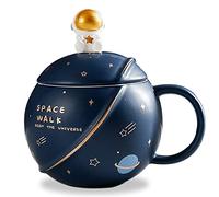 Cute Space Ceramic Mug, Kawaii Astronaut Coffee Cup, Funny Mugs with Lid and Spoon, Personalised Cups for Coffee, Tea and Milk, Mothers Day Gifts Mug, Birthday Gifts for Women/Kids, 400ML (Dark Blue)