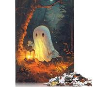 Cute Spooky Ghost Holding A Lantern Puzzle Jigsaws 500 Pieces for Adults Wood Puzzles Wooden Puzzles Educational Game Challenge Toy 500pcs (52x38cm)