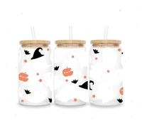 Cute Spooky Ghosts Iced Glass Cup, Horror Decoration Gifts - 16oz Glass Cups with Lids and Straws, Perfect for Halloween