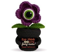 Cute & Spooky Gifts Handmade Crochet Halloween Plant Eyeball Flowers with Eye Think u're fang-Tastic Card, Spooky Gifts for Women Unique Knitted Potted Figurine for Halloween Desk Decor