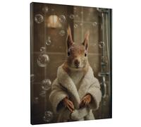 Cute Squirrel Bath Canvas Wall Art, Brown Gray Animal Print, Fun Bathroom Decor for Living Room, Bedroom, Spa, Wrapped Canvas 12x16 Inch