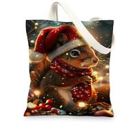 Cute Squirrel Canvas Tote Bags, Adorable Animal Design Reusable Shopping Bags, Festive Holiday Lightweight Washable Shoulde, Red, 13x15 Inch
