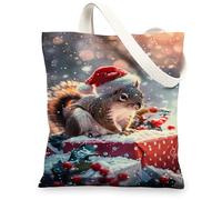 Cute Squirrel Canvas Tote Bags, Festive Animal Print Reusable Grocery Bags, Lightweight Washable Shoulder Strap for Shoppin, Red, 13x15 Inch