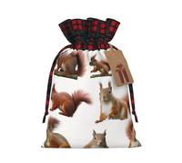 Cute Squirrel Christmas Drawstring Linen Gift Bag Paired With Scottish Plaid Fabric, With A Delicate And Simple Texture