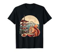 Cute Squirrel Eating Ramen Pagoda Tower Mount Fuji Artwork T-Shirt