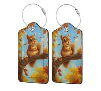 Cute Squirrel in Autumn Stainless Steel Ring Leather Luggage Tags for Suitcases 2 Pcs