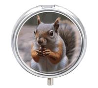 Cute Squirrel Pill Box 3 Compartment Waterproof Pill Container with Mirror Metal Medicine Box Organizer Portable Vitamin Case for Pocket & Purse Travel - Round