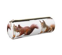 Cute Squirrel Printed Leather Pencil Case Cute Stationery Organizer Round Makeup Bag Pen Pouch, Gold Zipper