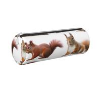 Cute Squirrel Printed Leather Pencil Case Cute Stationery Organizer Round Makeup Bag Pen Pouch, Silver Zipper