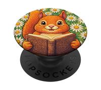 Cute Squirrel Reading Book Daisy Flower Cottagecore Bookworm PopSockets Adhesive PopGrip
