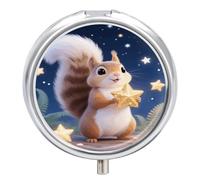 Cute Squirrel Star Pill Case with Retro Mirror 3 Compartments Pill Organizer Small Round Metal Pill Organizer for Fish Oil Pills or Vitamins Supplements