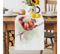 Cute Squirrel Table Runner 13x120 Inches Long Holding Rope Wild Life Cotton Linen Table Runner Burlap Style for Dinner Table Party Decor Tabletop Decorations