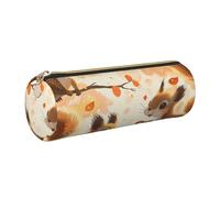 Cute Squirrels Printed Leather Pencil Case Cute Stationery Organizer Round Makeup Bag Pen Pouch, Gold Zipper