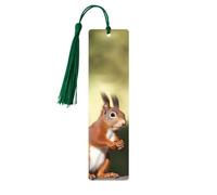 Cute Squirrels Wooden Bookmarks 5pcs with Dark Green Tassels Handmade Double-Sided Printed Book Marks Page Markers Book Accessories Gift for Book Lovers Women Men