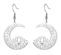 Cute Stainless Steel Lotus Flower Earrings for Women Summer Spring Dangle Charms Hollow Crescent Moon Jewelry Adorable Gifts, M, Stainless Steel, No Gemstone