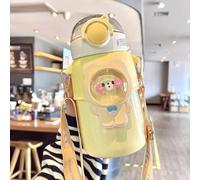 Cute Stainless Steel Water Bottle with Straw and Strap, Kawaii Insulated Bear Water Bottles Leak-proof Stainless Steel Vacuum BPA free Reusable Cup for Sports Girls (Yellow)