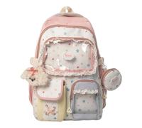 Cute Star Print Backpack, Kawaii Lace Trim Casual Daypack with Mini Coin Purse, Multi Pockets & Adjustable Strap Rucksack for Women Daily Travel Shopping Outdoor Use (Pink)