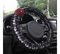 Cute Steering Wheel Protector with Anti Slip Fabric and Lace Flower Decoration,Fluffy Soft, Universal Fit 15 Inches for Car,SUV (Black White)