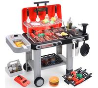 CUTE STONE Kids BBQ Grill Toys, Color Changing Play Food, Sizzling Sound & Light Effects, Cool Mist Spray, Pretend Cooking with Frying & Grilling, 2-Tier BBQ on Wheels - Kitchen Toy Gift Ideas