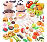 CUTE STONE Kids Play Kitchen Accessories, Pretend Cooking Toys with Peelable & Cuttable Play Food, Cookware, Tableware & Utensils, Shopping Basket, Tray, Educational Gift for Girls & Boys