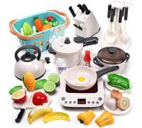 Cute Stone Pretend Play Kitchen Toy with Cookware Steam Pressure Pot and Electronic Induction Cooktop, Cooking Utensils, Toy Cutlery, Cut Play Food, Shopping Basket Learning Toy for Girls Boys