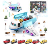 cute stone Toy Airplane with Smoke, Lights & Sounds, Friction Powered Plane Toy with Mini Cars for Kids, Great Christ Gift for Boys and Girls