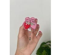 Cute Strawberry Bow Badge Reel Pink Glitter Acrylic Badge Clip for Nurse Nursing Name Tag Accessories Strawberry Badge Holder with Alligator Clip & 24” Durable Nylon Retractable