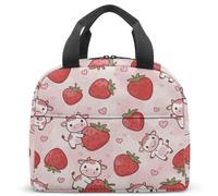 Cute Strawberry Cow Kids Lunch Bag for School Insulated Thermal Box 360 Print Striped Heart Pattern 23x13x21cm (04)
