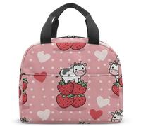 Cute Strawberry Cow Kids Lunch Bag for School Insulated Thermal Box 360 Print Striped Heart Pattern 23x13x21cm (05)